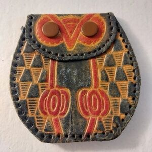Vintage Owl Coin Purse Handmade Leather Brown Pouch Double Snap Closure